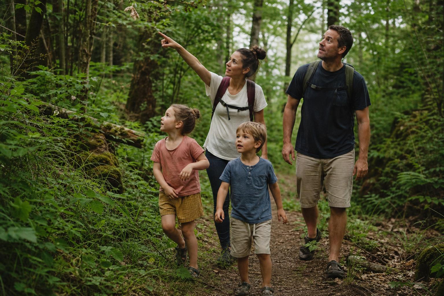 A family wandering through a green summer forest